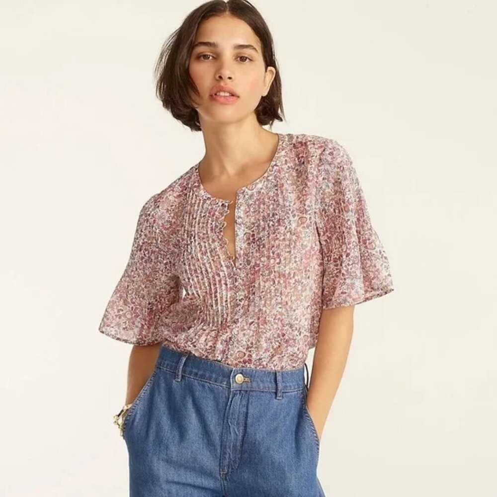 Jcrew Womens Pintuck Cotton Silk Blend Floral Lightweight Blouse